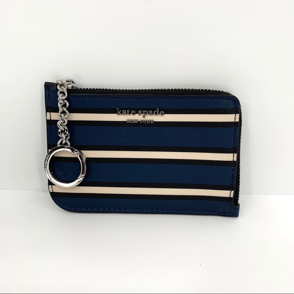 Kate Spade Cameron medium L-zip York stripe card holder keyring blue black new